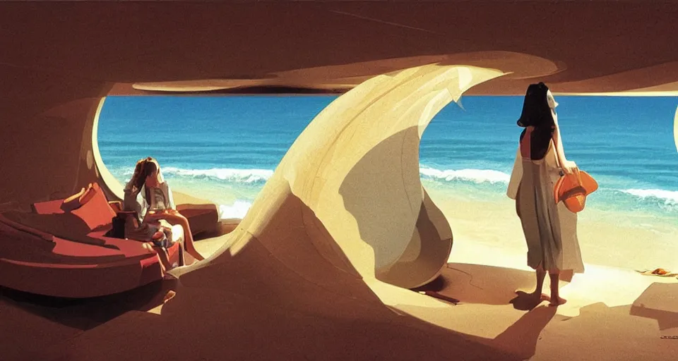 Image similar to clamshell seashell where a hermit girl lives, atmospheric cinematography by syd mead