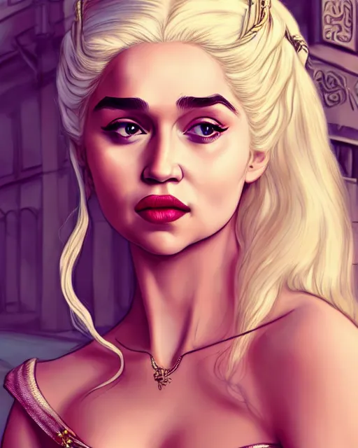Image similar to closeup portrait beautiful seductive daenerys targaryen with long blonde windblown hair in an ornate royal dress, standing on a street in chinatown, pink lipstick, glamour pose, detailed illustration, digital art, trending on artstation, arney freytag, frank miller, moebius, graffiti, gta v,