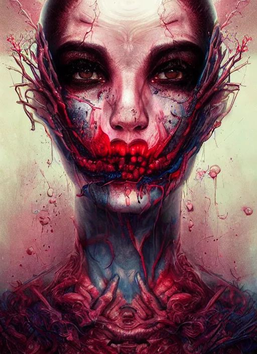 Image similar to nightmare portrait of the awakening of my 3rd eye,full character, melting ,8k,by tristan eaton,Stanley Artgermm,Tom Bagshaw,Greg Rutkowski,Carne Griffiths, Ayami Kojima, Beksinski, Giger,trending on DeviantArt,face enhance,hyper detailed,minimalist,horror, android, full of colour