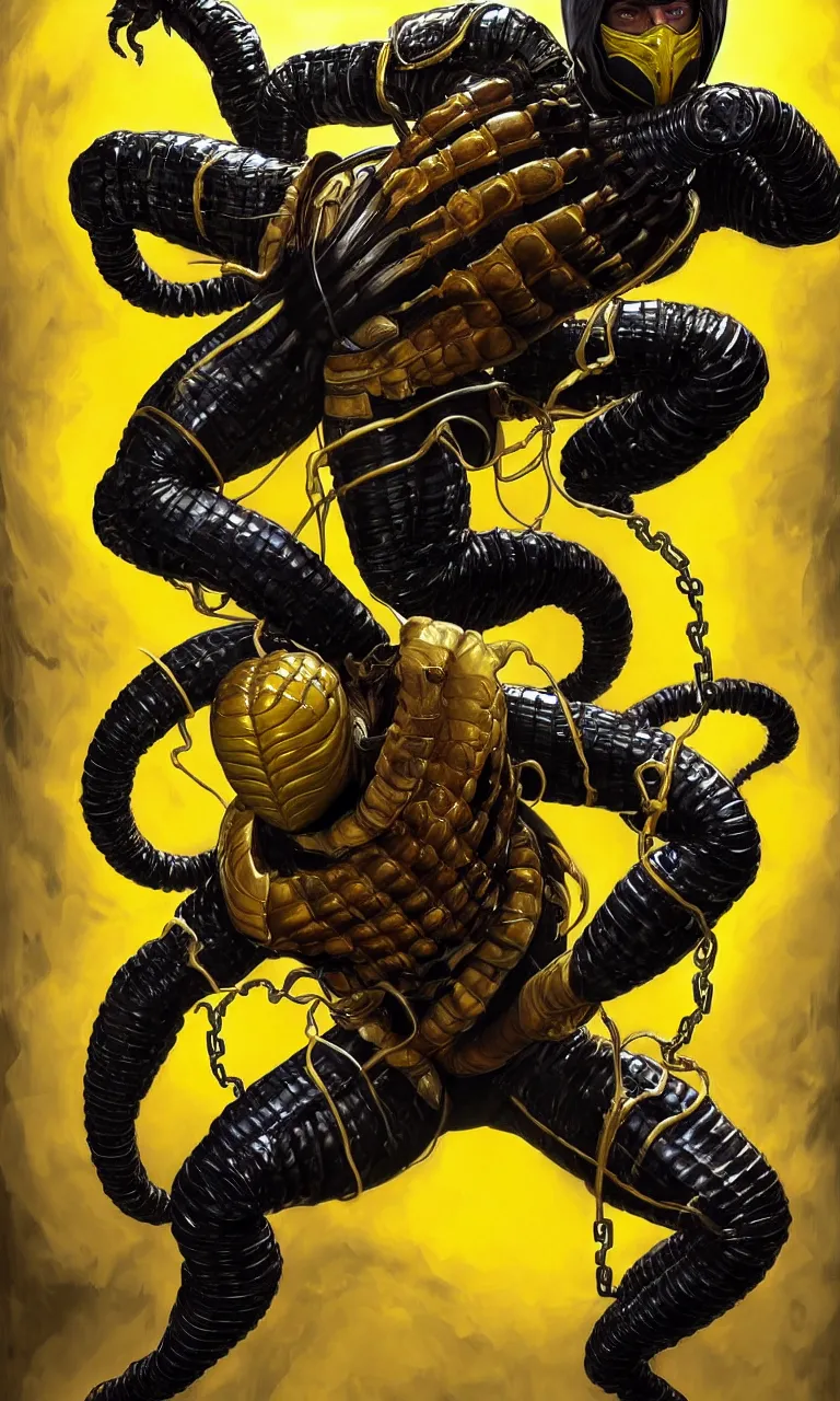 Image similar to hyper realistic full body portrait of scorpion from mortal kombat, yellow ninja exosuit, dynamic chain movement around him, by lee bermejo, alphonse mucha and greg rutkowski