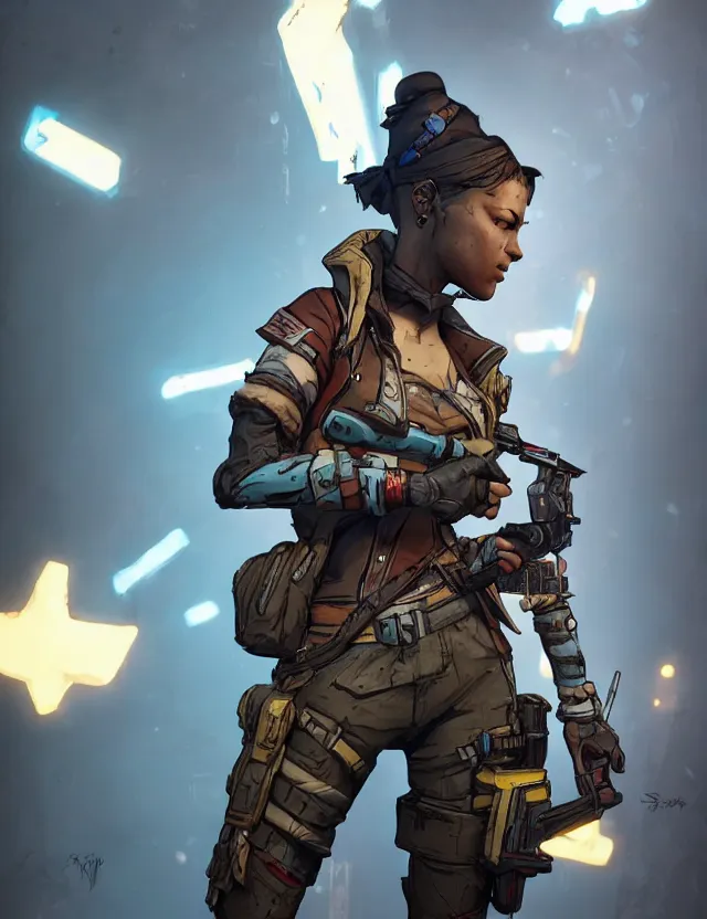 Image similar to a young female soldier as borderlands 3 concept art, art by ryo shiotani and greg rutkowski, intricate, beautiful, cute, cinematic lighting, vintage art by serge ivanoff, high resolution, very detailed