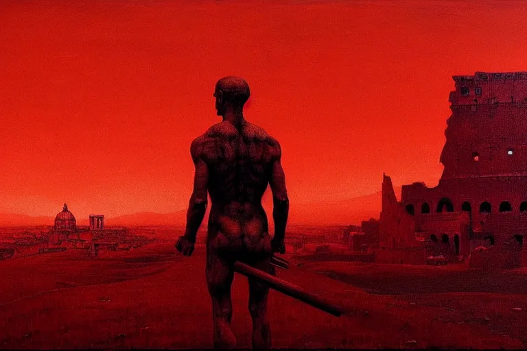 Image similar to only with red, caesar after war, a red tiger, in hoc signo vinces, rome in background, an ancient path, in the style of beksinski, part by hopper, part by rodcenko, part by hofbauer, intricate composition, red by caravaggio, insanely quality, highly detailed, masterpiece, red light, artstation