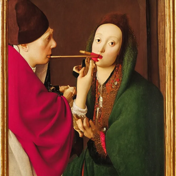 Image similar to close up of a woman putting on garish make - up. jan van eyck