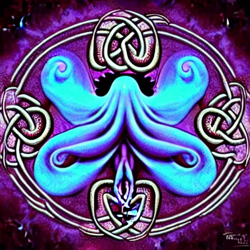 Image similar to a dramatic and beautiful digital matte painting of large realistic octopus with legs made of fractal celtic knots, trending on cgartist, hi-fructose, mandala, string wall art, ultra detailed 8k