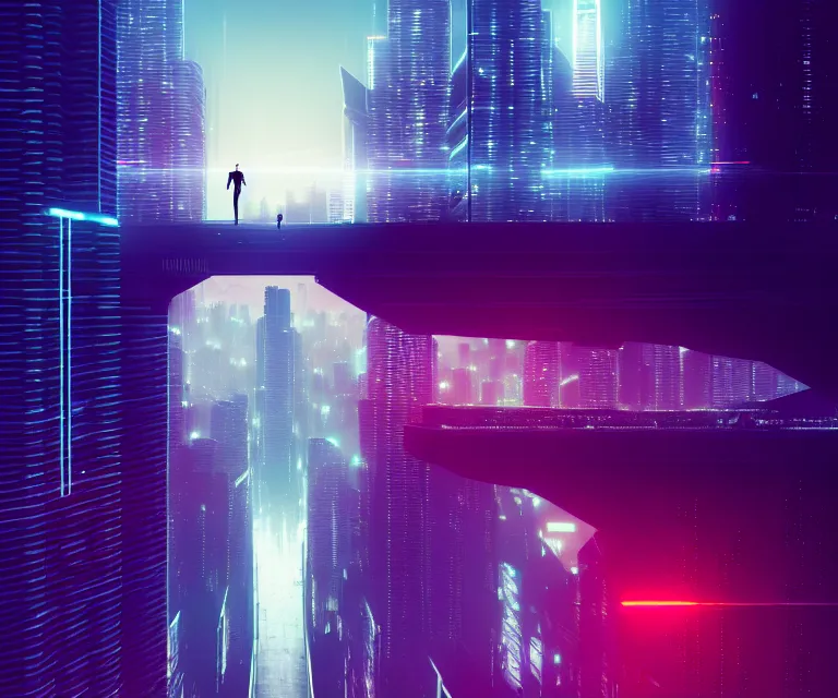 Image similar to a man standing on top of a bridge over a city, cyberpunk art by Vincent Lefevre, behance contest winner, altermodern, cityscape, synthwave, matte painting