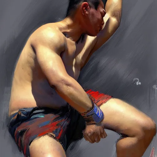 Image similar to greg manchess portrait of a filipino mma fighter looking shocked as he drops his sword, profile picture, organic painting, sunny day, matte painting, bold shapes, hard edges, street art, trending on artstation, by huang guangjian, gil elvgren, ruan jia, randy vargas, greg rutkowski