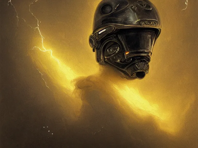 Prompt: a detailed profile portrait painting of a bounty hunter in combat armour and visor. cinematic sci-fi poster. Cloth and metal. Welding, fire, flames, samurai Flight suit, accurate anatomy portrait symmetrical and science fiction theme with lightning, aurora lighting clouds and stars. Clean and minimal design by beksinski carl spitzweg giger and tuomas korpi. baroque elements. baroque element. intricate artwork by caravaggio. Oil painting. Trending on artstation. 8k