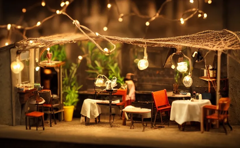 Image similar to mini cafe for mice diorama macro photography, ambient, atmospheric photograph, string lights