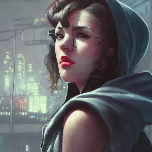 Image similar to character portrait of a 1950s girl in a hoodie, dystopian cyberpunk steampunk mood, intricate, wild, highly detailed, digital painting, artstation, upper body, concept art, smooth, sharp focus, illustration, art by artgerm and greg rutkowski and alphonse mucha