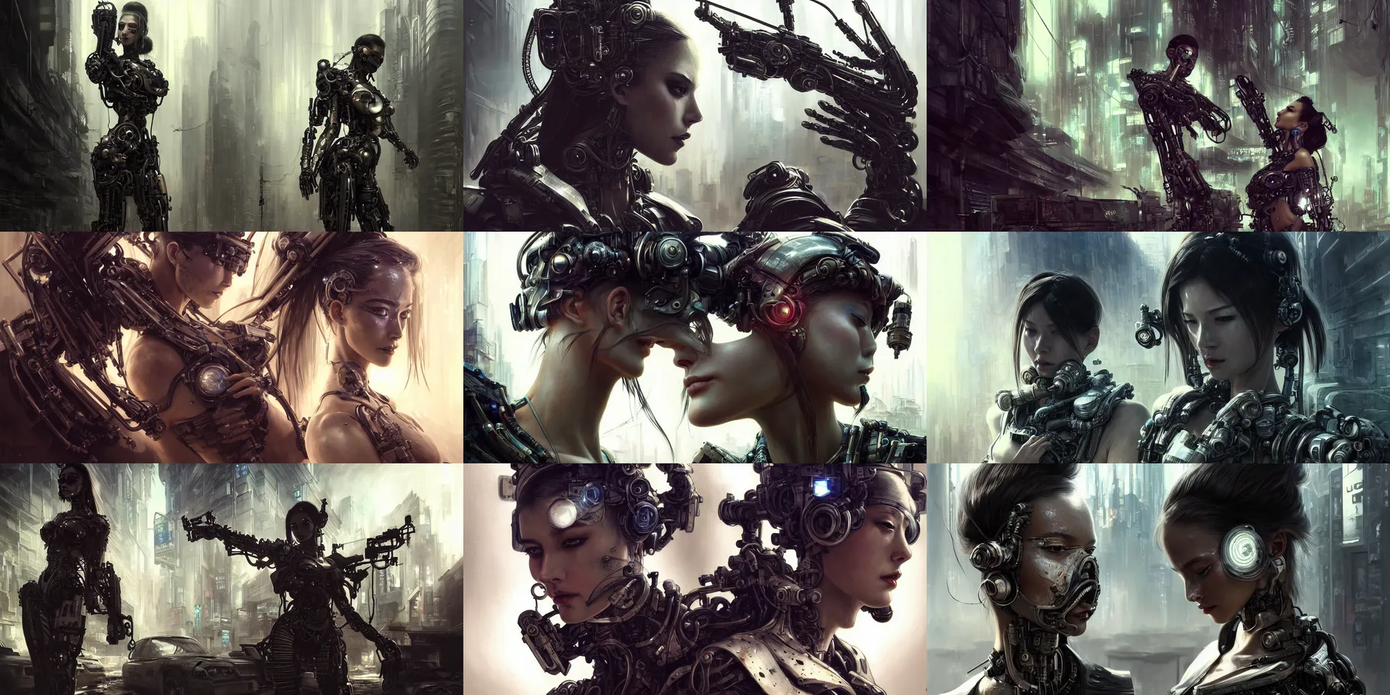 Image similar to ultra realistic beautiful alluring cyborg techno art, gorgeous face and figure, dramatic poses, in post apocalyptic cyberpunk tokyo, sci - fi, fantasy, intricate, elegant, highly detailed, digital painting, artstation, concept art, smooth, sharp focus, illustration, beautiful light and shadows, art by tian zi and artgerm and greg rutkowski and alphonse mucha and wlop