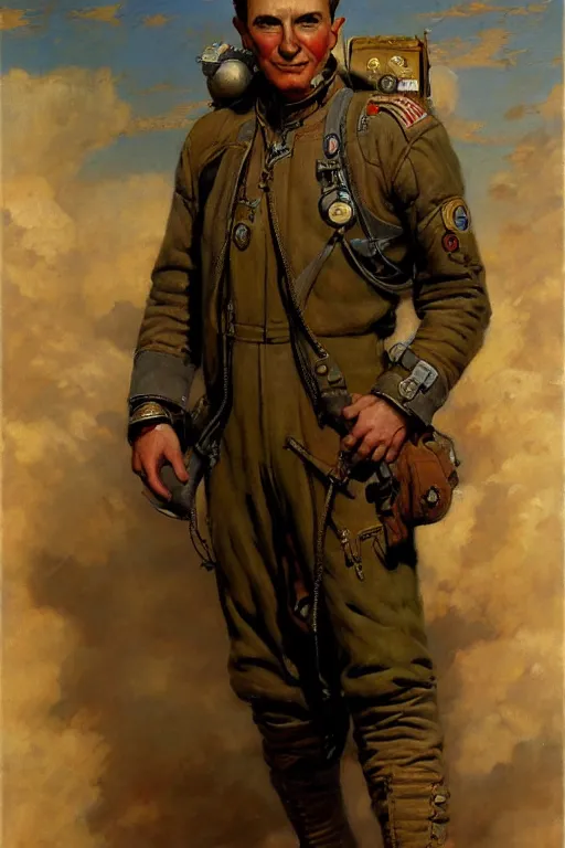 Image similar to full body portrait of a bomber pilot, highly detailed painting by gaston bussiere, craig mullins, j. c. leyendecker 8 k