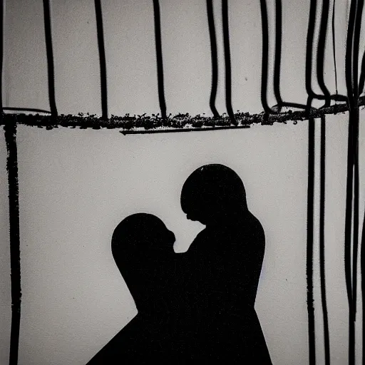 Image similar to photo of two shadowy figures hugging each other, they are in a birdcage, paint is falling off, black and white, 5 0 mm, dark