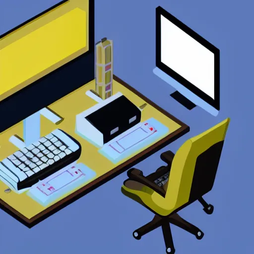 Image similar to a man wearing samurai armor using a vintage computer from 1 9 9 7 with a crt monitor, at his desk in his office, isometric view, illustration, graphic design