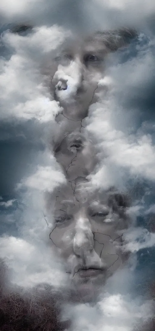 Image similar to human faces trapped in clouds, scary, horror, weird, surreal