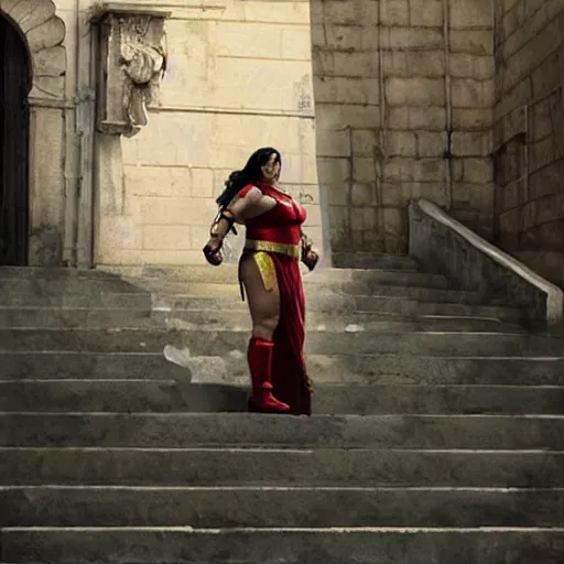 Prompt: a portrait obese indian woman dressed as wonder woman on steps in Porto, detailed, art station, greg rutkowski