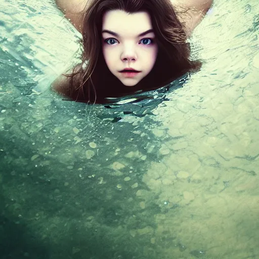 Prompt: a beautiful girl like anya taylor - joy floating under the deep water, white petal, by personal photography, art by brookskim, closeup, 4 k, highly detailed, instagram,