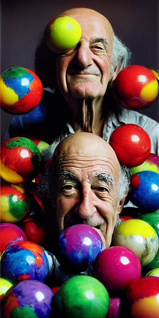 Image similar to award winning photo of albert hoffman playing with BALLS, vivid colors, happy, symmetrical face, beautiful eyes, studio lighting, wide shot art by Sally Mann & Arnold Newman