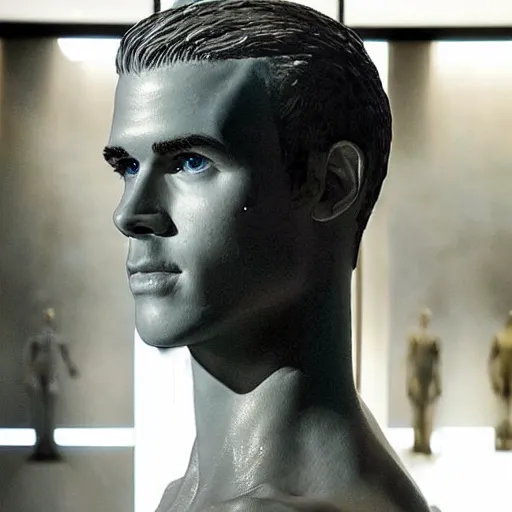 Image similar to “ a realistic detailed photo of a guy who is an attractive humanoid who is half robot and half humanoid, who is a male android, actor liam hemsworth, shiny skin, posing like a statue, blank stare, at the museum, on display ”