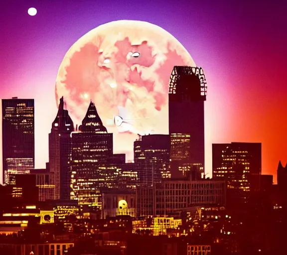 Prompt: a silhouette of a city skyline, giant moon behind city, centered, bleak, long shot, moon is centered