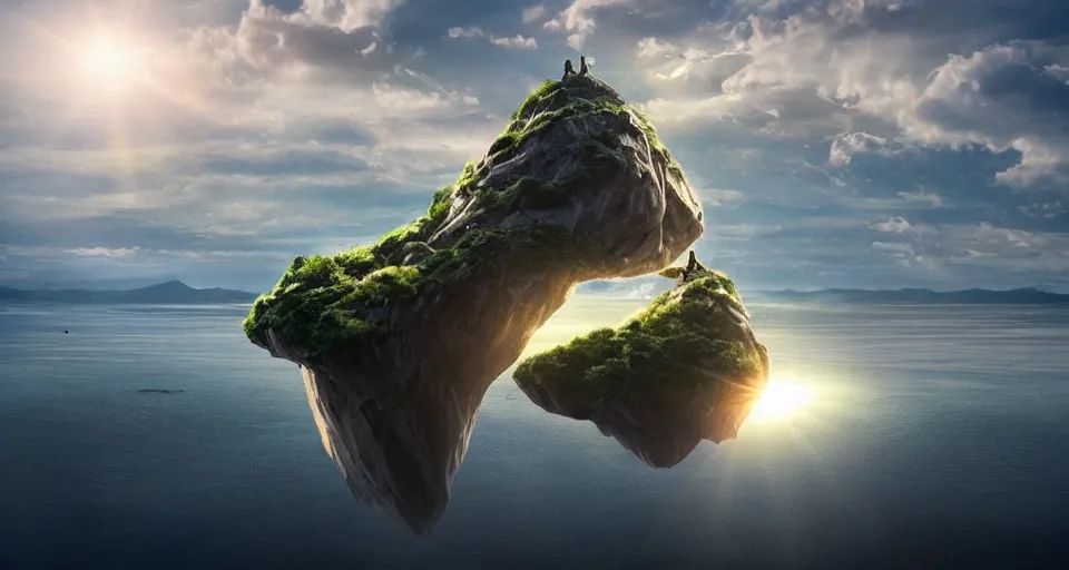 Image similar to A magnificent floating island in the sky above the sea, defying gravity, floating and flying island, epic lighting, epic composition, highly detailed