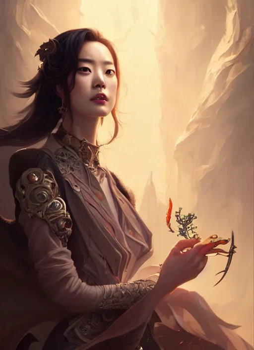 Image similar to Han Hyo Joo as a super villain, luxurious, fantasy, intricate, elegant, highly detailed, digital painting, artstation, concept art, matte, sharp focus, illustration, art by WLOP and Peter Mohrbacher and James Jean, masterpiece, Refined, upscaled