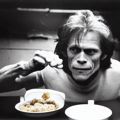 Image similar to Willem Dafoe eating a KFC Famous bowl in the basement at 3am while listening to pink floyd