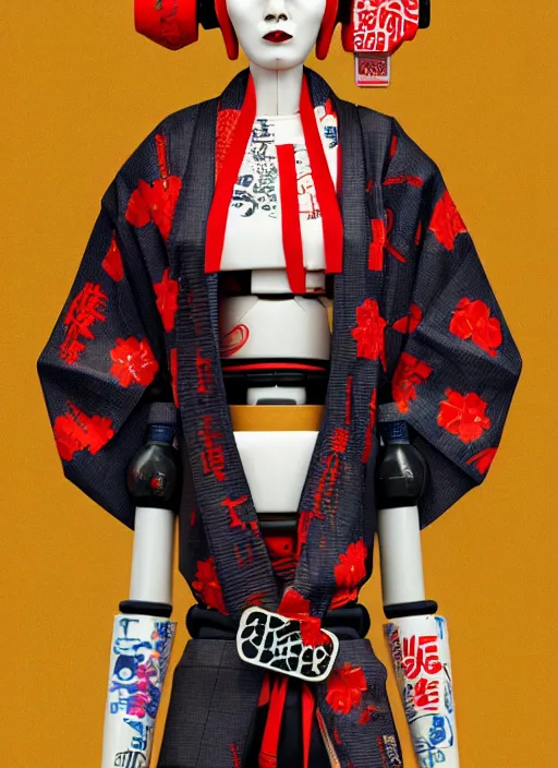 Prompt: full body portrait of a japanese punk geisha robot with kanji tattoos and decals wearing a digital pixelated kimono, intricate design, photo - realistic, octane render, dark colour palette, ultra fine detailed, character design, trending on artstation