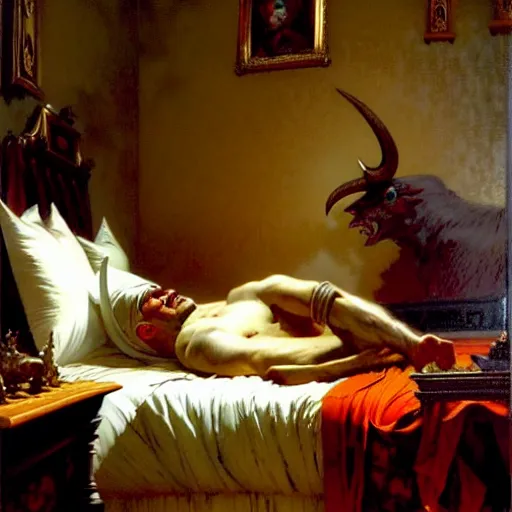 Image similar to the pope wakes up is his bed, sweating, nervous, terrified, because a double horned shadow demon lurks in the papal bedroom. highly detailed painting by gaston bussiere, j. c. leyendecker, greg rutkowski, craig mullins 8 k