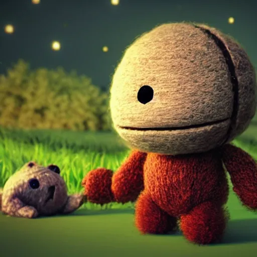 Image similar to cute fluffy sackboy cuddling a woolen earth, magical sparks flying around it in circles, 3d rendered, Ultra HD