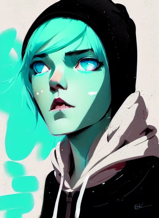 Image similar to highly detailed portrait of a urban punk lady student, blue eyes, hoodie, white hair by atey ghailan, by greg rutkowski, by greg tocchini, by james gilleard, by joe fenton, by kaethe butcher, gradient green, black, brown and teal color scheme, grunge aesthetic!!! ( ( graffiti tag wall background ) )