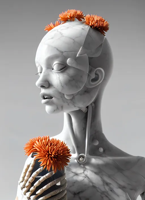 Image similar to marble mannequin carrying perfume bottle, biomechanical corals daisies rhizomorphs in an ivory room well contoured smooth fair walls, up close shot, sharp focus, global illumination, radiant light, alexandre ferra white mecha, irakli nadar, octane highly render, 4 k, ultra hd,