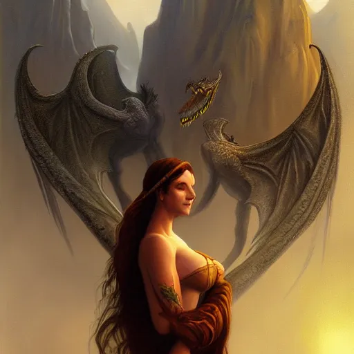 Prompt: a photorealistic painting of a woman and a dragon, a matte painting by christophe vacher, featured on deviantart, fantasy art, matte painting, storybook illustration, 2 d game art. extremely detailed. realism. symmetry. photorealism. coherent