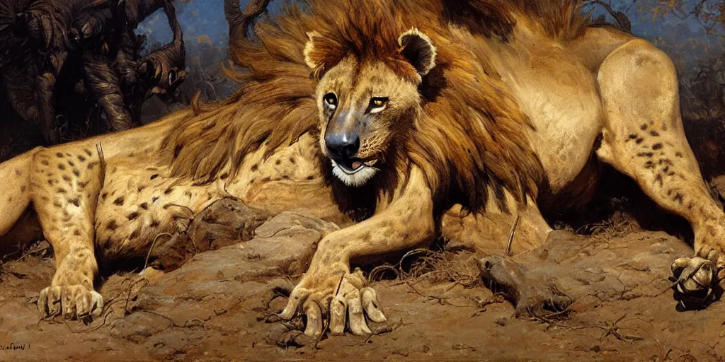 Image similar to an exhausted lion hyena in tshit and jeans. highly detailed painting by gaston bussiere, craig mullins, j. c. leyendecker 8 k