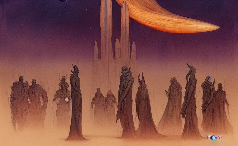 Image similar to a hyperrealist watercolour character concept art portrait of a tall elegant lovecraftian alien on a misty night in the desert. a small group of middle eastern men are watching from the foreground. a battlecruiser starship is in the background. by rebecca guay, michael kaluta, charles vess and jean moebius giraud