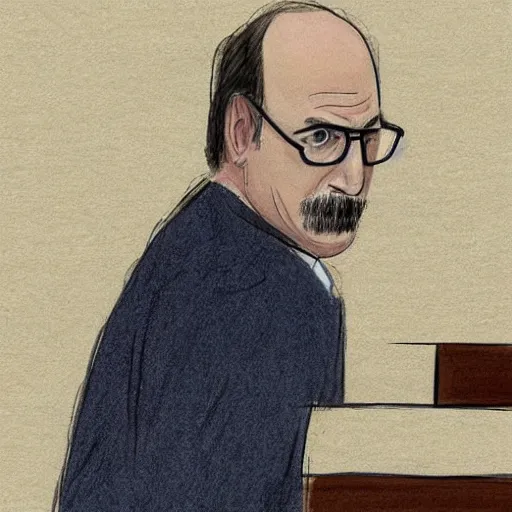 Prompt: court sketch of guilty prison jumpsuit wearing bob odenkirk with trimmed mustache, wearing glasses, being cross - examined by david cross during trial, sketch by marilyn church