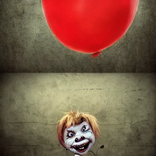 Image similar to grunge cartoon landscape sketch of chucky with a wide smile and a red balloon by - michal karcz, loony toons style, pennywise style, chucky style, horror theme, detailed, elegant, intricate