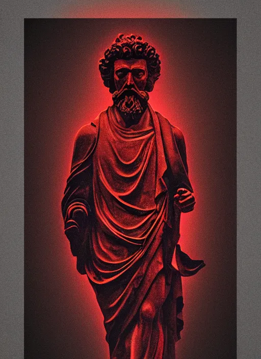 Image similar to dark design poster showing a statue of marcus aurelius, black background with very subtle red and purple design elements, powerful, nekro, vito acconci, thin straight lines, dark, glitch art, neo vaporwave, gritty, layout frame, square, trending on artstation