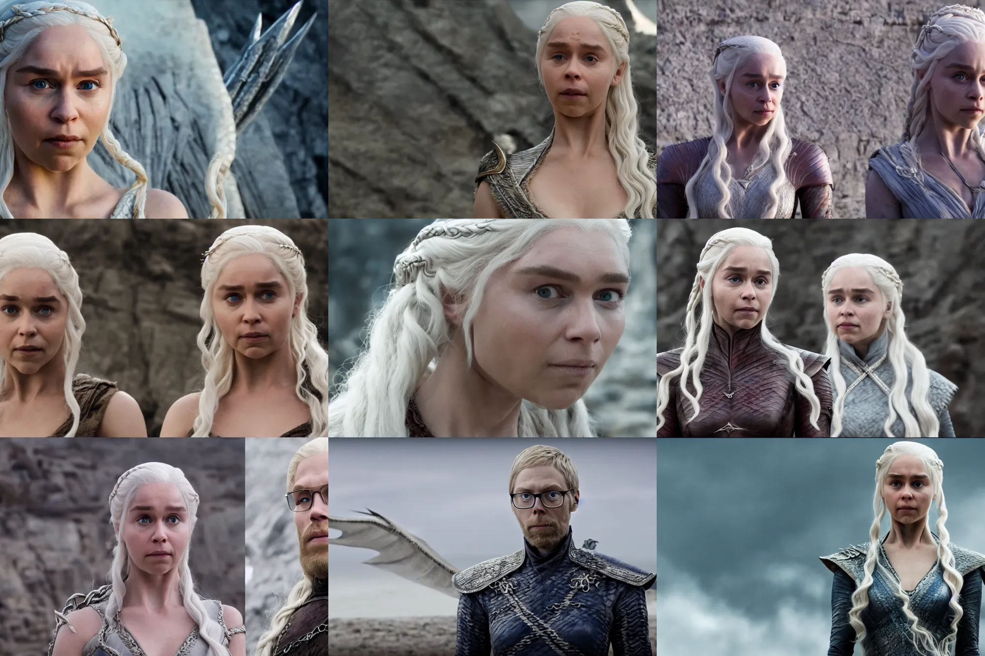 Prompt: stephen merchant as daenerys targaryen, still image from game of thrones, hd footage, upscaled to 4 k