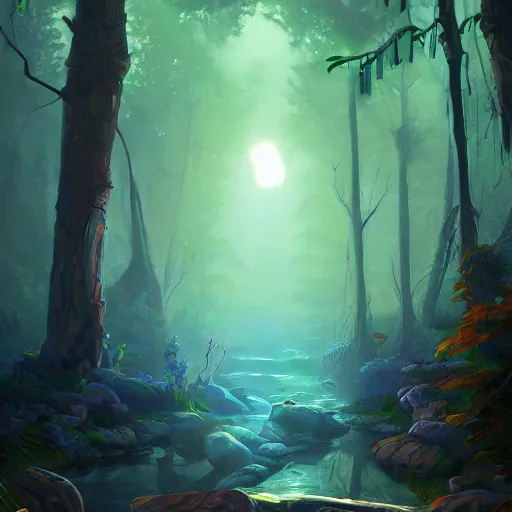 Image similar to car in futuristic spiritual mystical post apocalyptic forest by ron gilbert, dim painterly volumetric aquatic lighting, beautiful, crisp, artstation, highly detailed