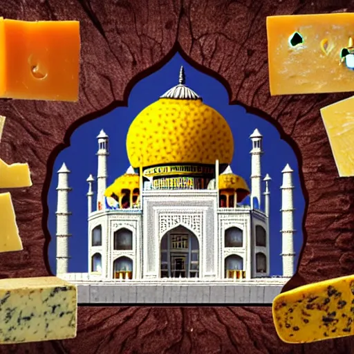 Prompt: the taj mahal made out of blocks of cheese, professional food photography, 4 k