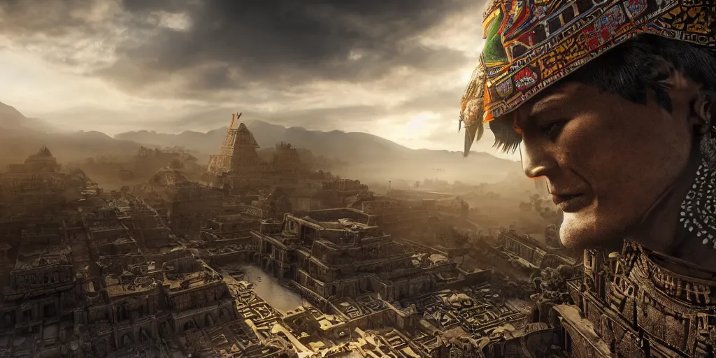 Image similar to aztec empire, superwide angle, light through the mist, dramatic lighting, photorealistic, cinematic lighting, high detail, cinematic feel, high octane, 4K, Unreal Engine, digital render, intricate, ultra realistic