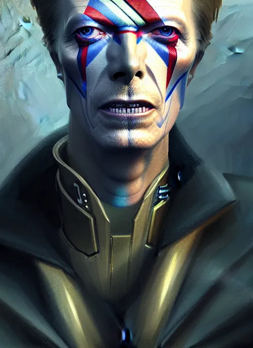 Image similar to portrait of a david bowie cyborg, victorian, concept art, detailed face, fantasy, close up face, highly detailed, cinematic lighting, digital art painting by greg rutkowski