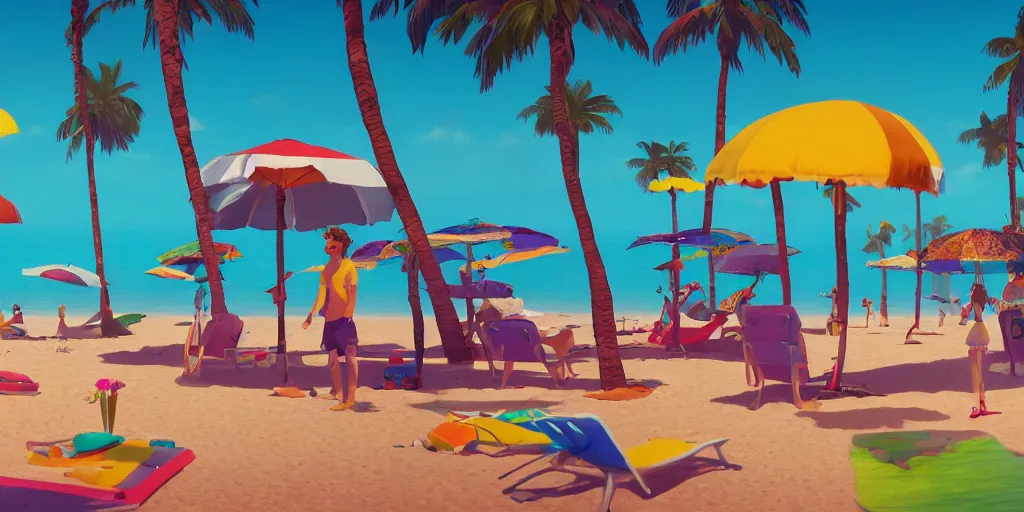 Prompt: a film still of a sunny and colourful beach scene without people in santa monica, los angelos, wide shot, waist up, wes anderson, studio ghibli, pixar and disney animation, sharp, rendered in unreal engine 5, anime key art by greg rutkowski, bloom, dramatic lighting