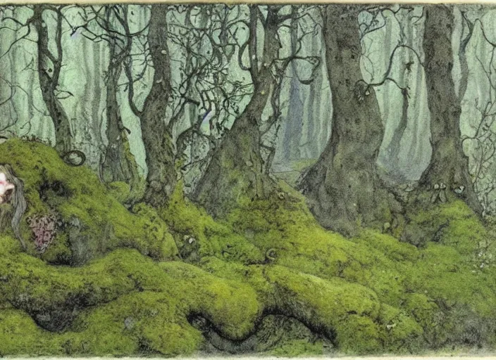 Image similar to a mossy wood with trolls and elves, in the style of John Bauer,