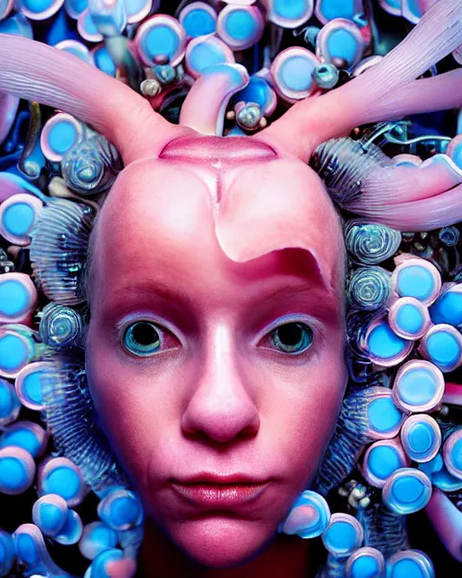 Image similar to natural light, soft focus portrait of a cyberpunk anthropomorphic clown fish with soft synthetic pink skin, blue bioluminescent plastics, smooth shiny metal, elaborate ornate head piece, piercings, skin textures, by annie leibovitz, paul lehr