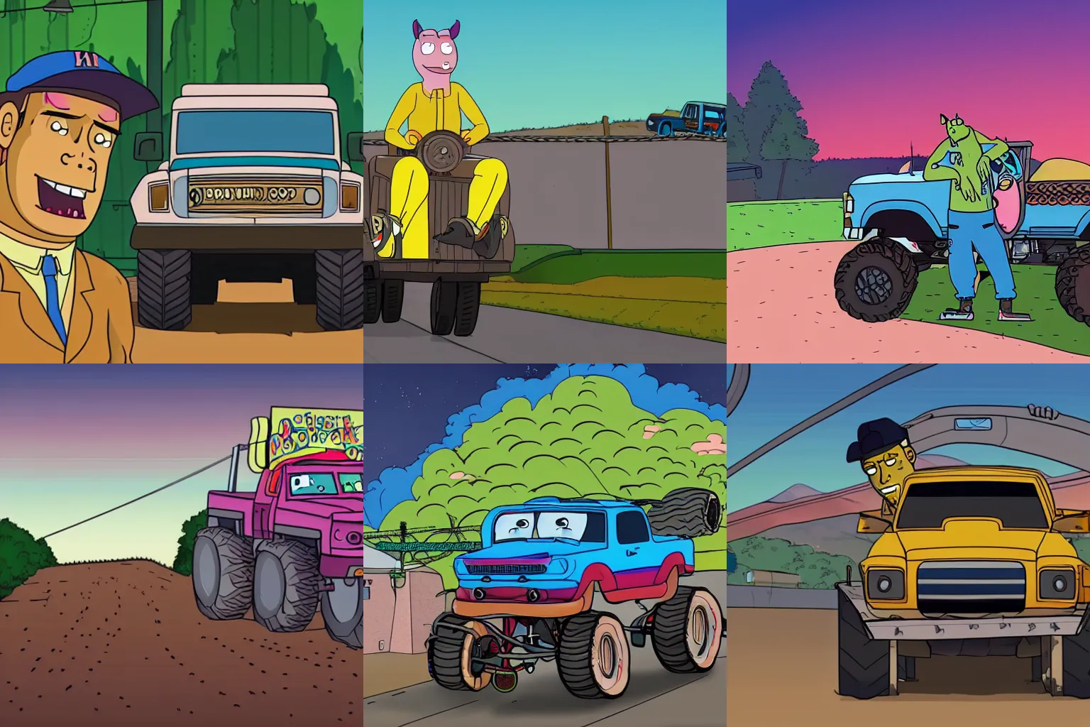 Prompt: bojack horseman driving a monster truck through a loop