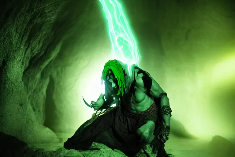 Prompt: vfx film, soul reaver, raziel irl, price of persia movie, missing jaw, hero pose, devouring magic souls, scarf, glowing green soul blade, in epic ancient sacred huge cave temple, flat color profile low - key lighting award winning photography arri alexa cinematography, hyper real photorealistic cinematic beautiful, atmospheric cool colorgrade