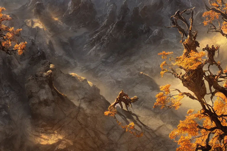 Image similar to high aerial shot, cinematic fantasy painting, dungeons and dragons, barren dry land, desert valley of bones, a single autumn maple bonsai, with sunset lighting ominous shadows by jessica rossier and brian froud