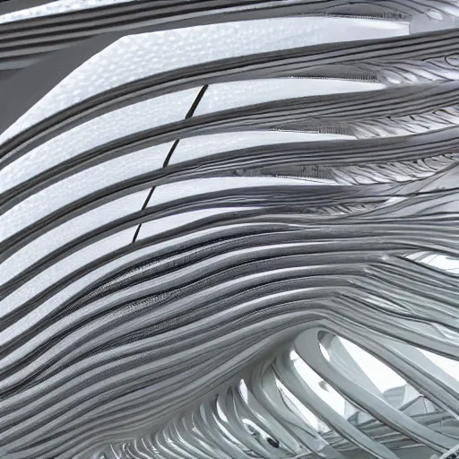 Image similar to stunning beautiful futuristic museum interior by Zaha Hadid, smooth curvilinear dragonfly wings pattern, pastel light gray dark gray, hyper real highly detailed