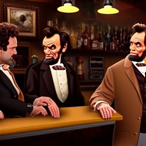 Image similar to The It's Always Sunny in Philadelphia episode where the gang meets Abe Lincoln Dee is there with Mac and so is Dennis they are at the bar, photo realistic, studio lighting